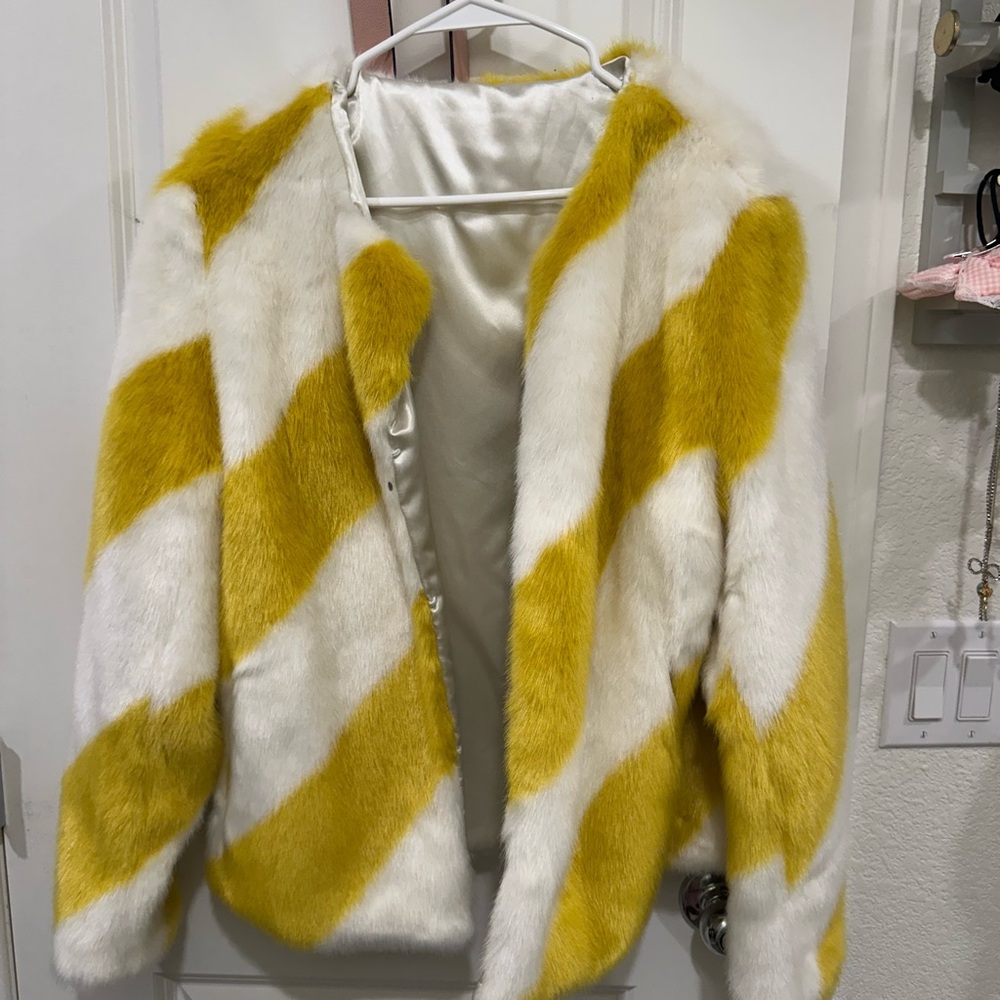 Yellow and White Faux Fur Jacket